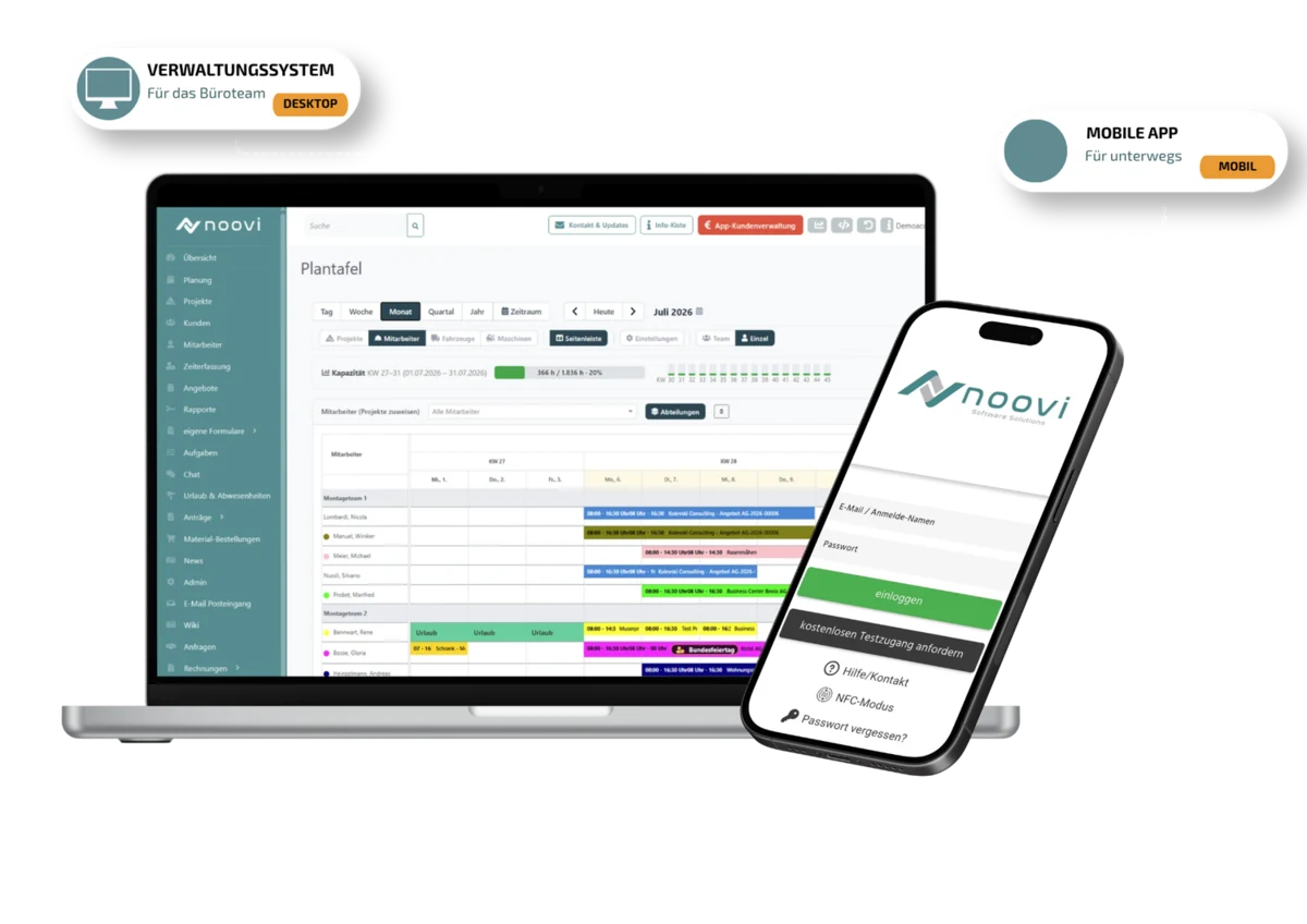noovi Verwaltungssystem und Mobile App