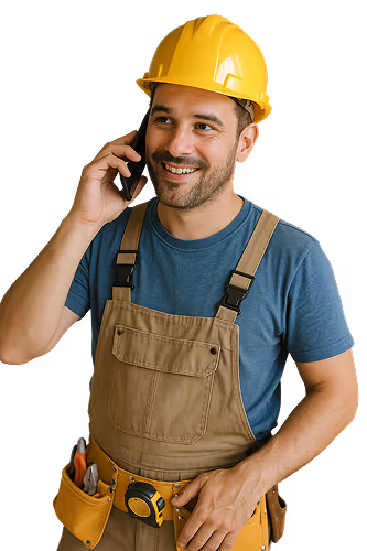 Ein fröhlicher Handwerker ruft noovi an